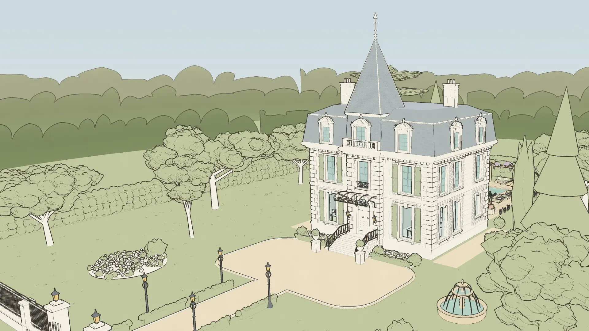 Croquis d’architecte d’une maison de maître Napoléon III et de son jardin